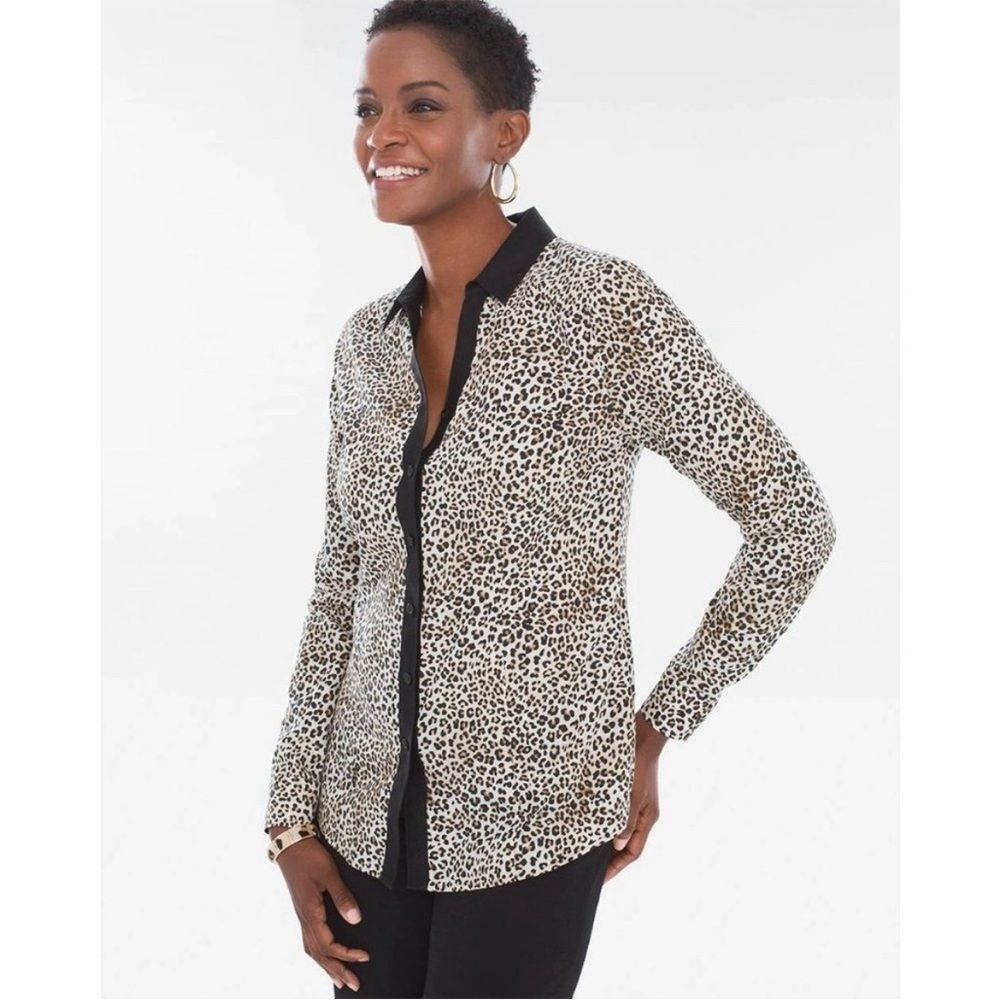 Chico’s Caroline Blocked Animal Print Long Sleeve No Iron Blouse SIZE 2 or Large